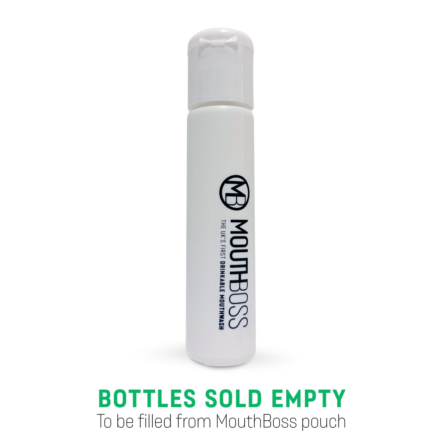 White bottle with 'MouthBoss' branding on a white background designed to fit in your pocket