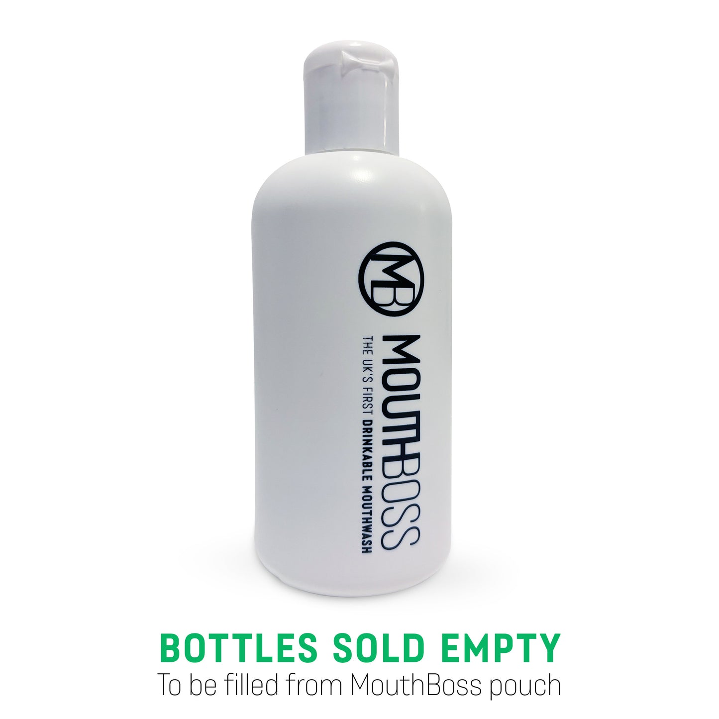 White bottle with MouthBoss branding on a white background. Bottle is designed to fit in a brief case or desk drawer.